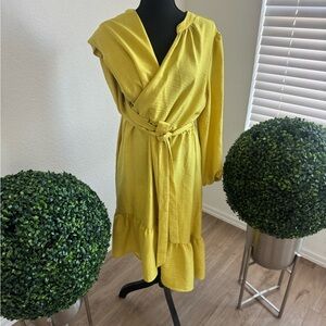 Chic Long Sleeve Yellow Wrap Dress